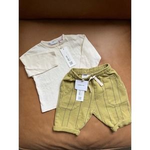 New Zara Baby Boy Outfit Cotton Long Sleeve Shirt Green Stripe Pants 6-9M